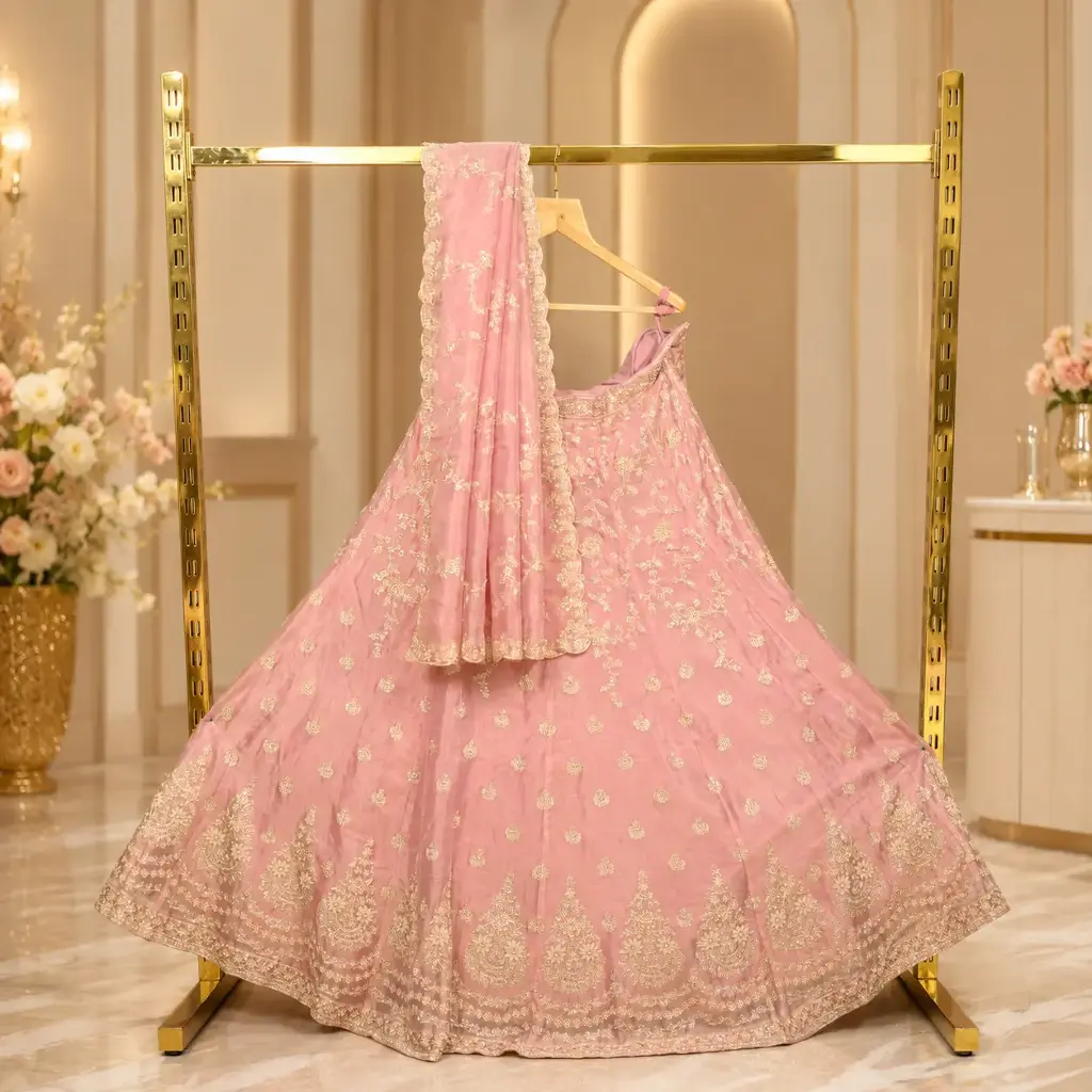 Women's Blush Pink Embroidered Lehenga Choli with Matching Dupatta