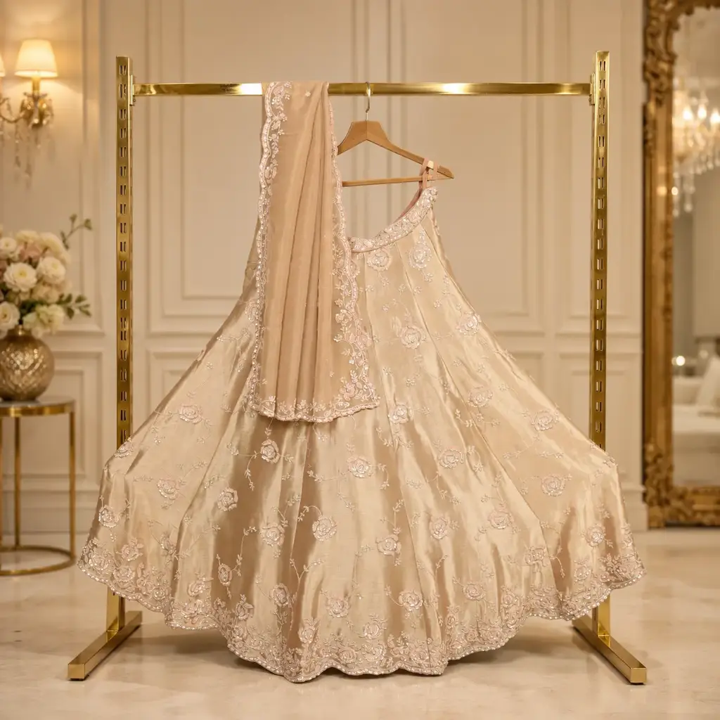 Women's Champagne Beige Bridal Lehenga Choli with Floral Embroidery and Matching Dupatta