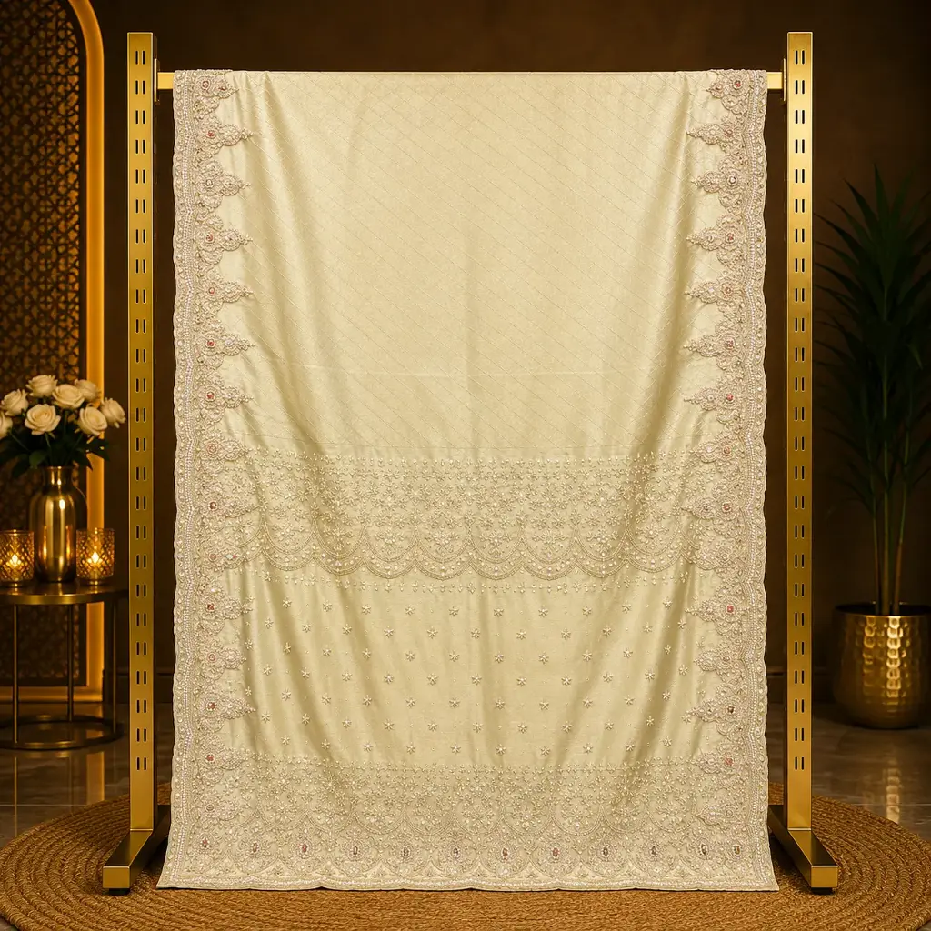 Elegant Women's Ivory Saree with Pearl Beadwork, Sequin Embroidery and Ornate Scalloped Border