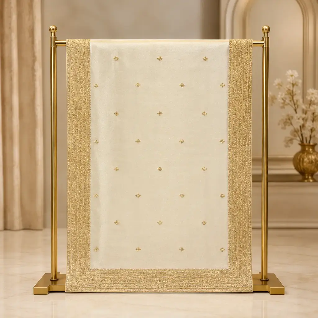Women's Ivory Saree with Golden Buti Embroidery and Broad Ornate Border