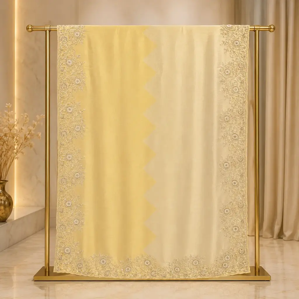 Women's Yellow Ivory Saree with Floral Embroidery and Two Tone Design