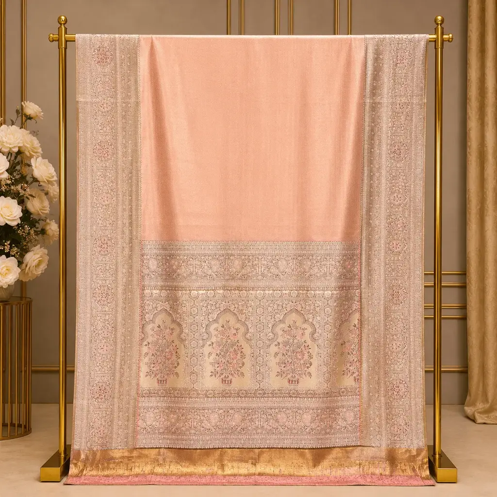 Elegant Peach Pink Saree with Floral Woven Border and Ornate Pallu