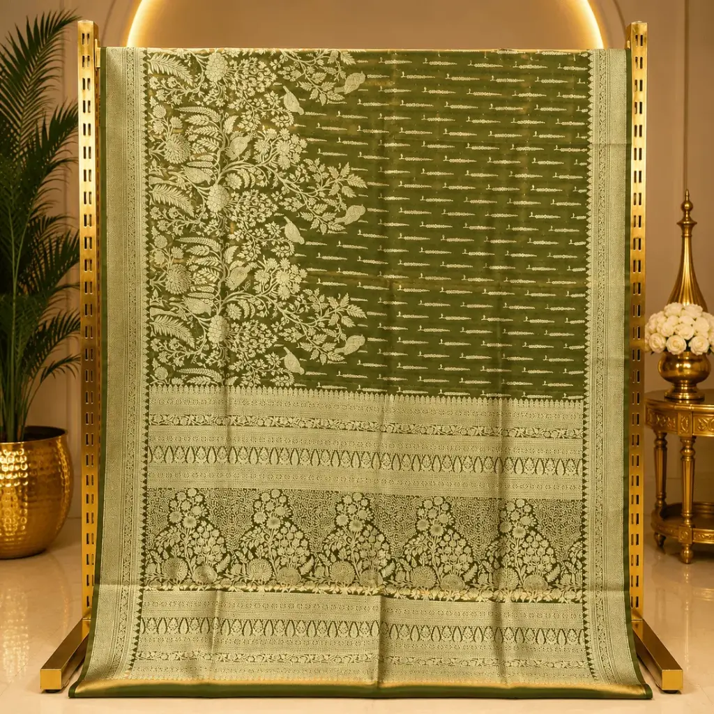 Olive Green Woven Saree with Golden Floral Bird Motifs and Ornate Pallu