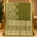 Olive Green Woven Saree with Golden Floral Bird Motifs and Ornate Pallu