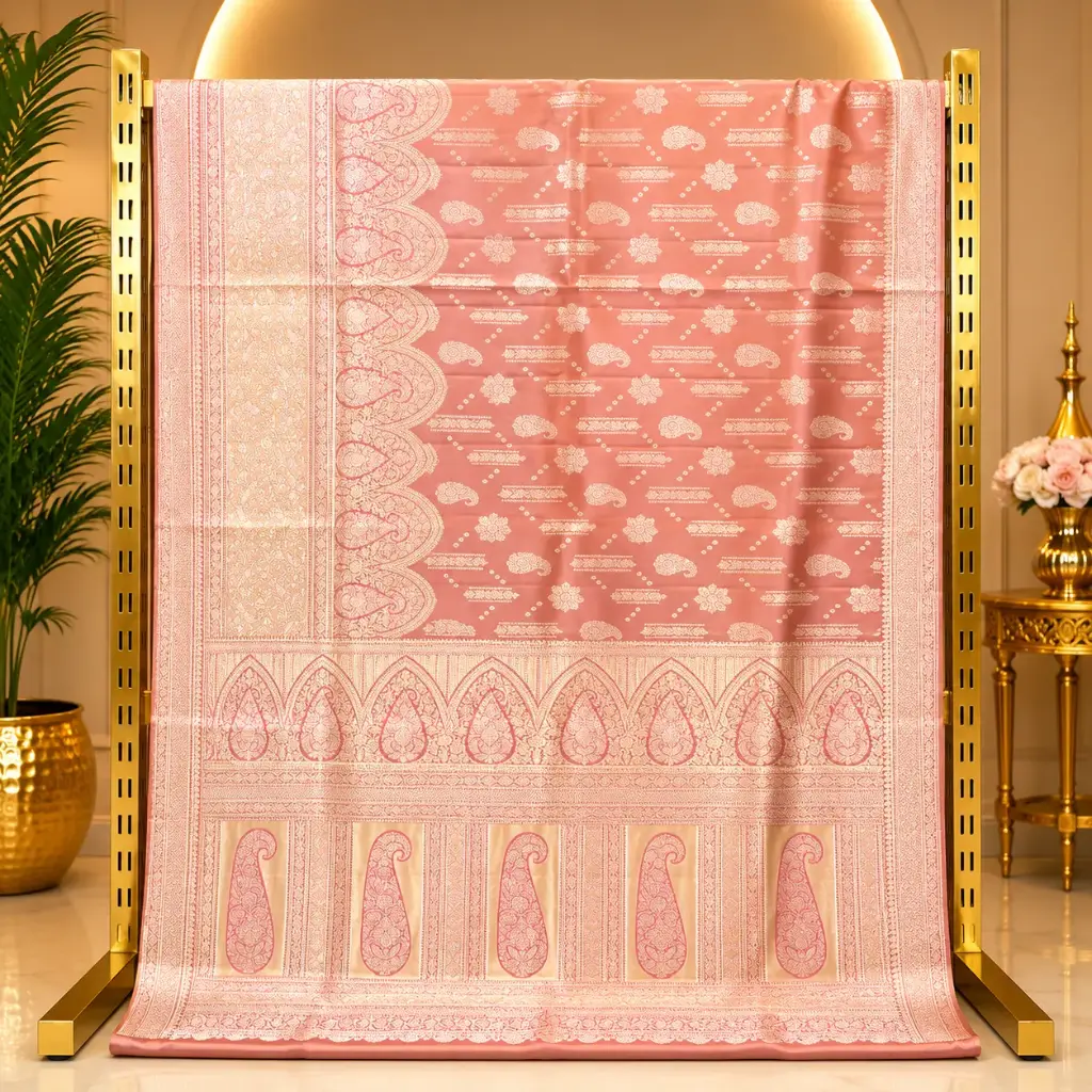 Elegant Peach Woven Saree with Paisley Motifs and Ornate Border