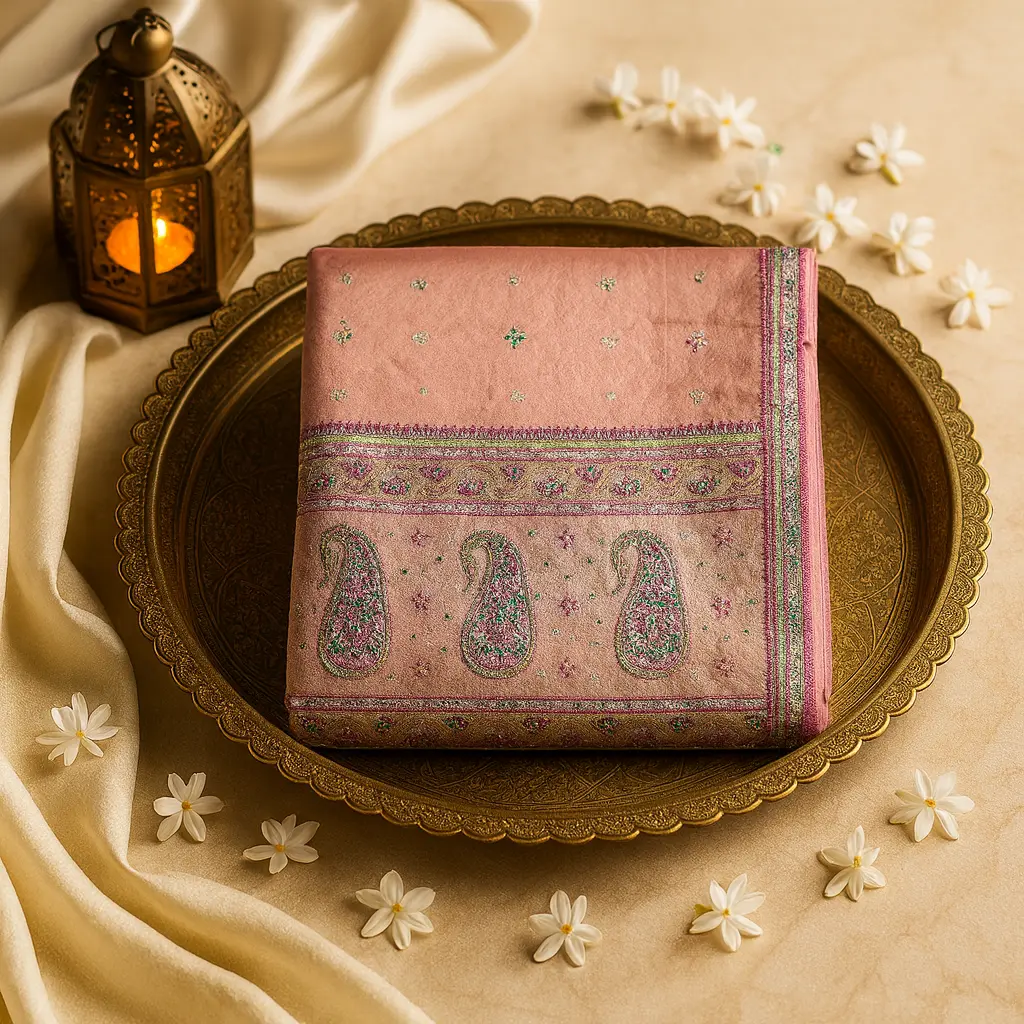 Elegant Pink Tissue Silk Saree with Traditional Paisley Zari Border