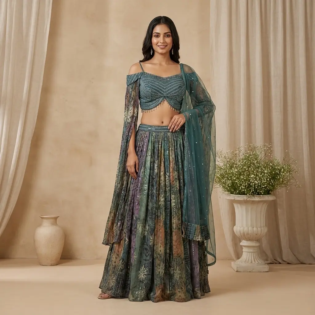 Teal Blue Embroidered Crop Top with Multi-Printed Flared Skirt