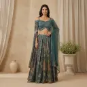Teal Blue Embroidered Crop Top with Multi-Printed Flared Skirt