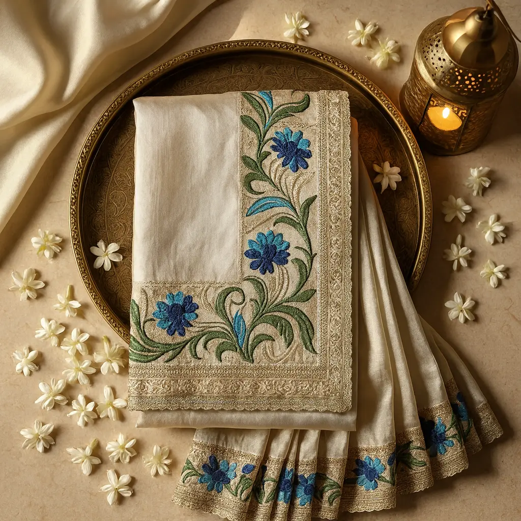 Elegant White Silk Designer Saree with Floral Embroidered Border