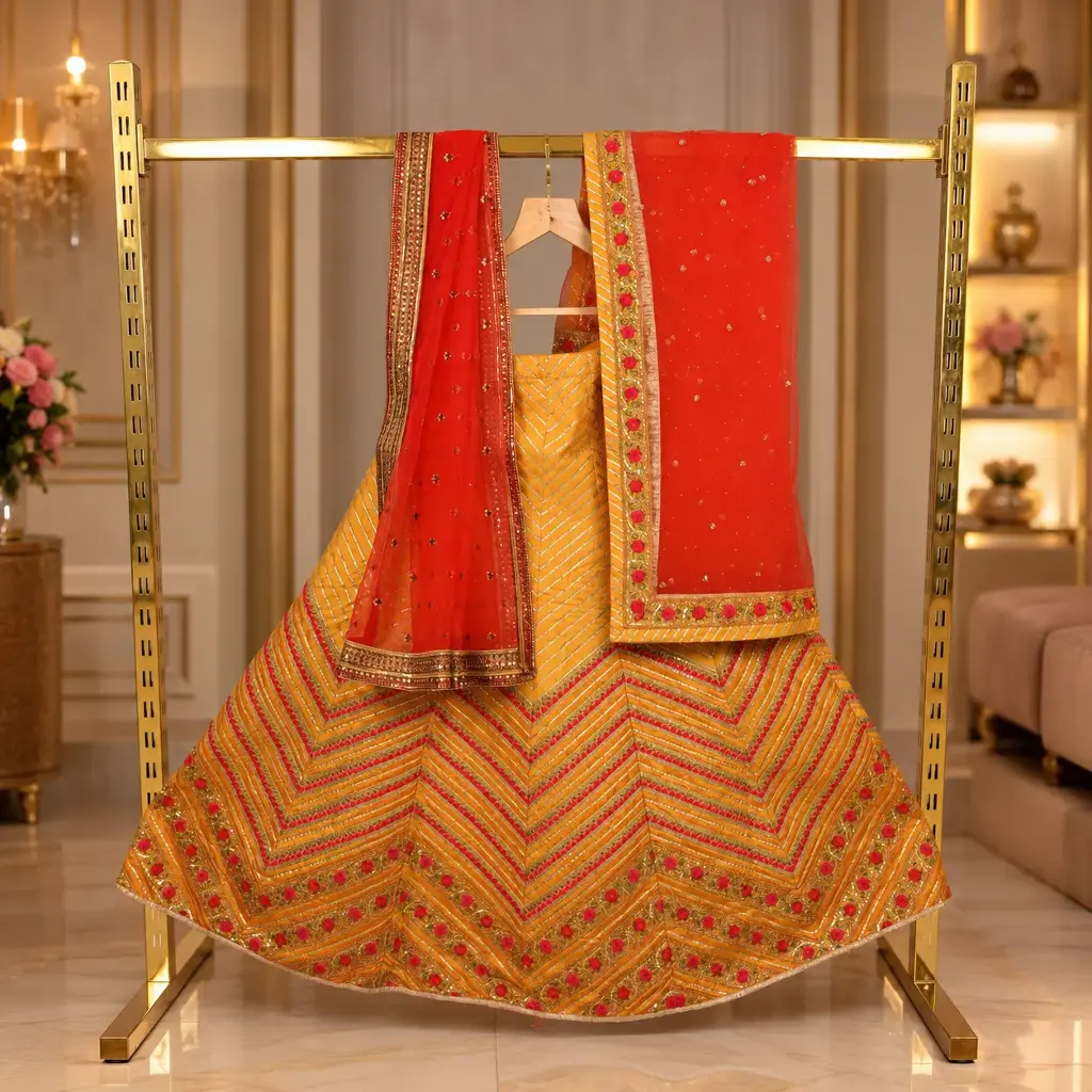 Women's Yellow Lehenga Choli with Chevron Embroidery and Orange Net Dupatta