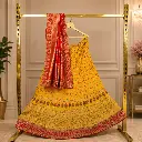 Women's Yellow Lehenga Choli with Floral Embroidery and Red Woven Dupatta