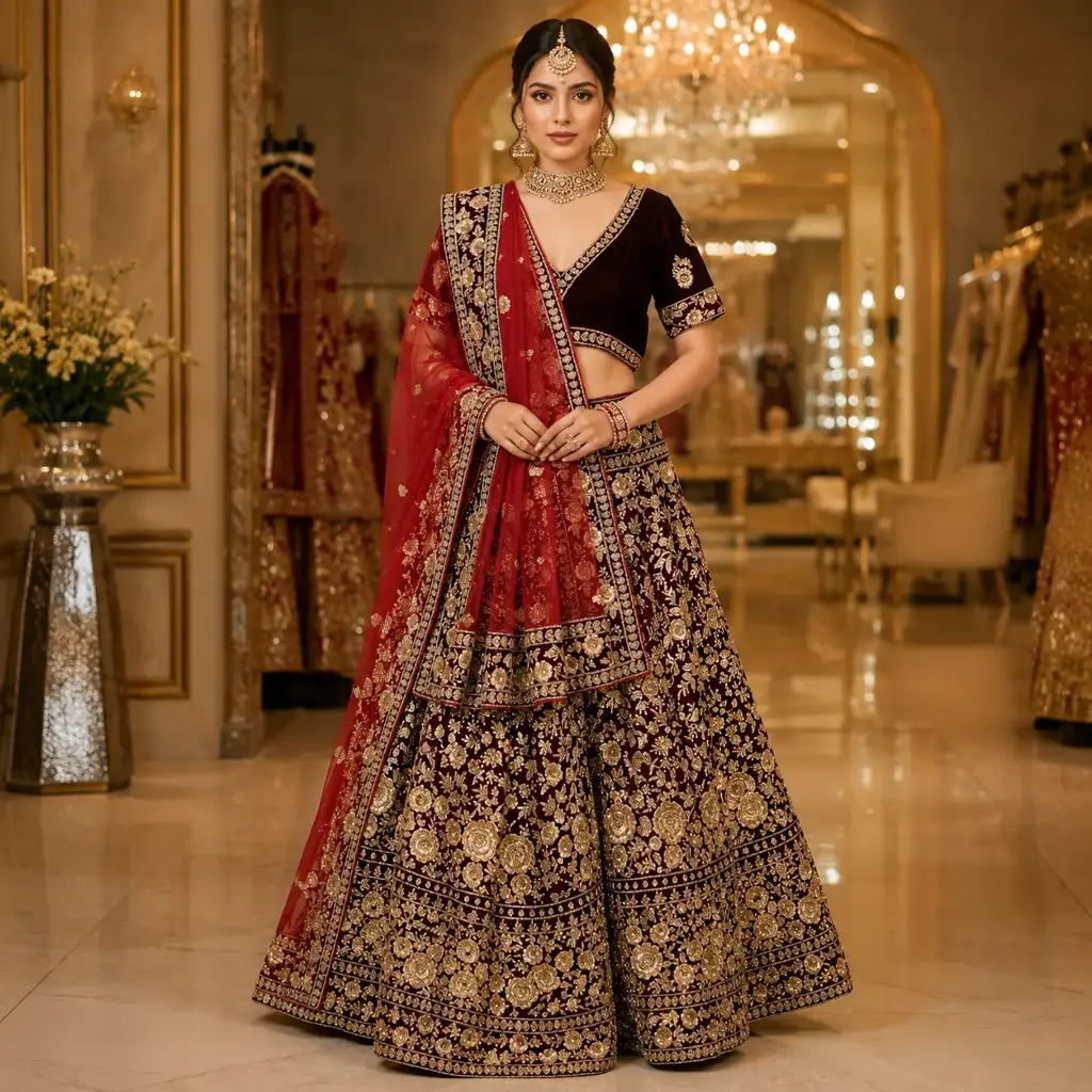 Women's Maroon Gold Embroidered Lehenga Choli with Red Net Dupatta