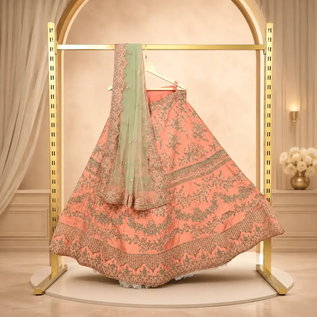 Women's Peach Lehenga Choli with Heavy Silver Embroidery & Sage Green Dupatta