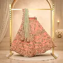 Women's Peach Lehenga Choli with Heavy Silver Embroidery & Sage Green Dupatta