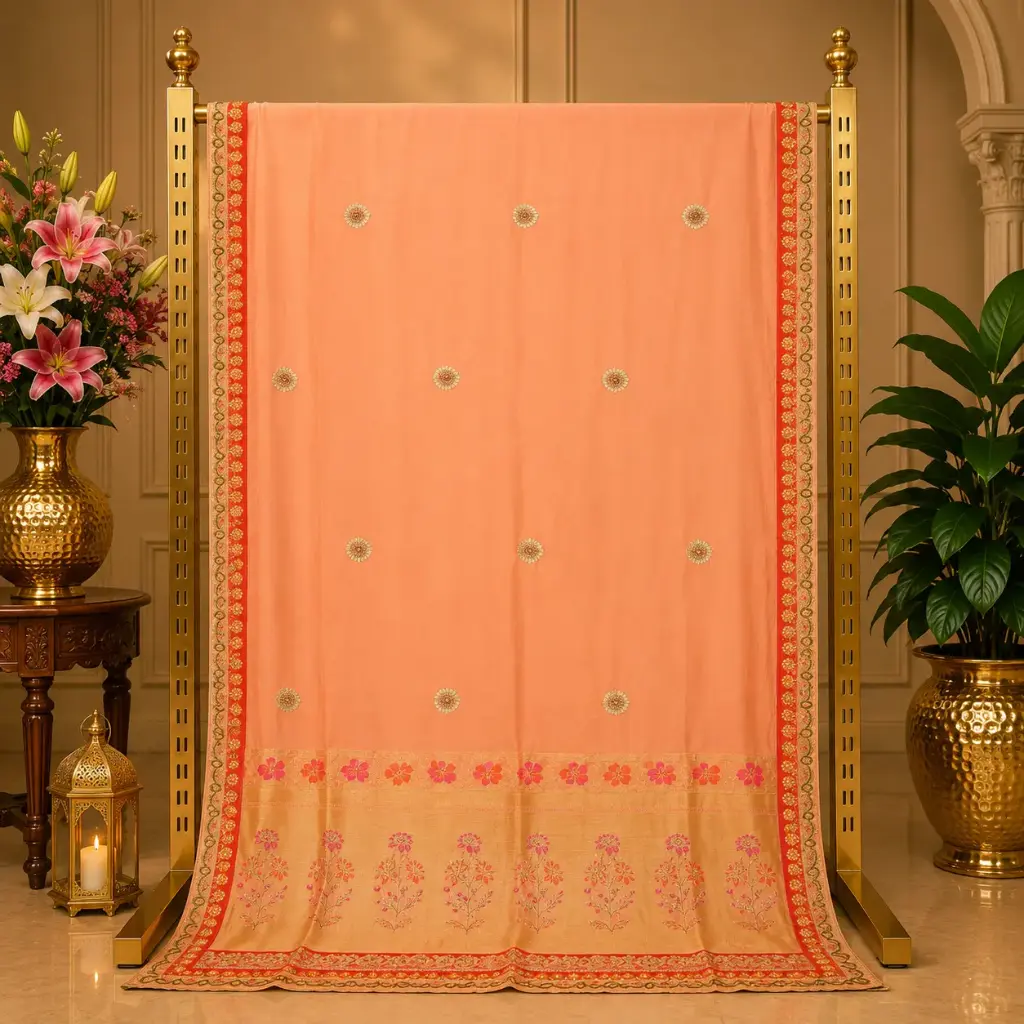 Women's Peach Saree with Golden Butis, Red Embroidered Border and Floral Pallu