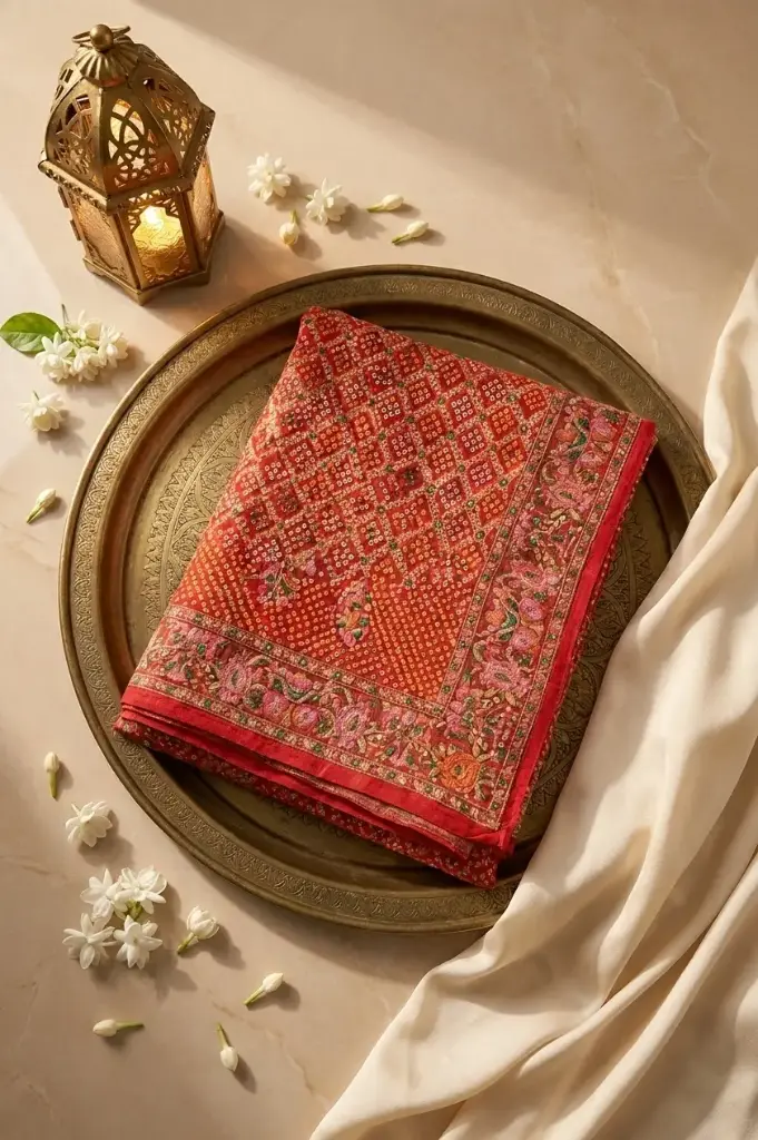 Red Pure Silk Bandhani Saree with Meenakari Zari Border