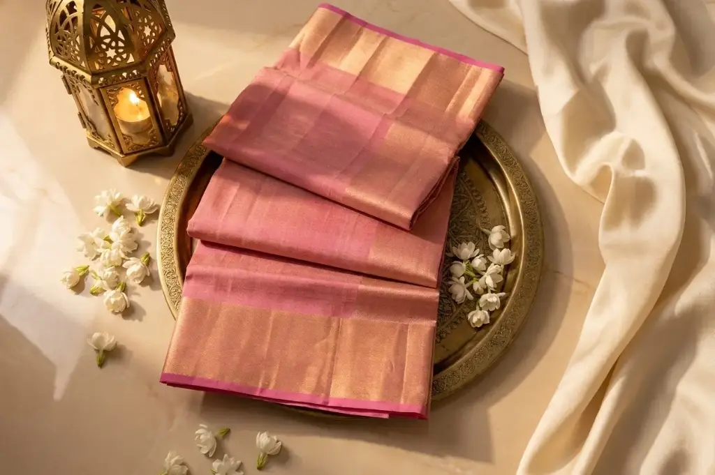 Rose Pink Handloom Silk Saree with Rich Gold Zari Border