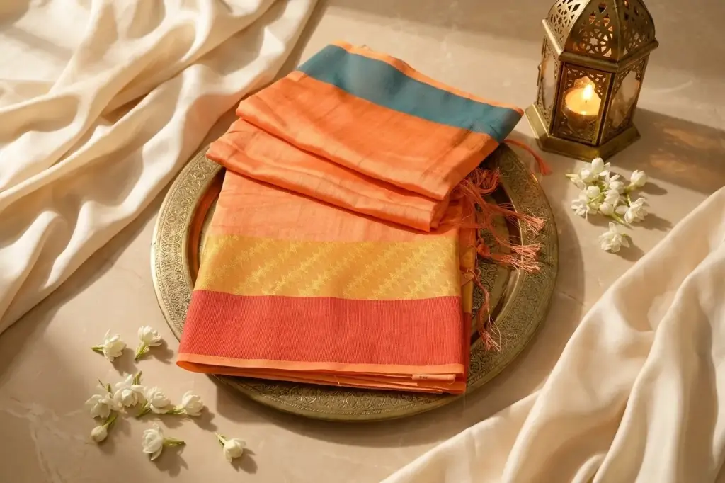 Peach Raw Silk Saree with Gold Zari Border