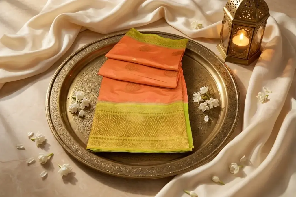 Peach and Lime Green Woven Silk Festive Saree
