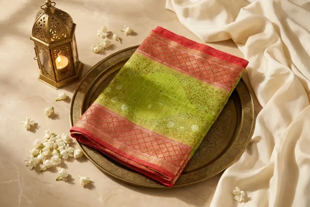 Lime Green and Red Silk Saree with Zari Border