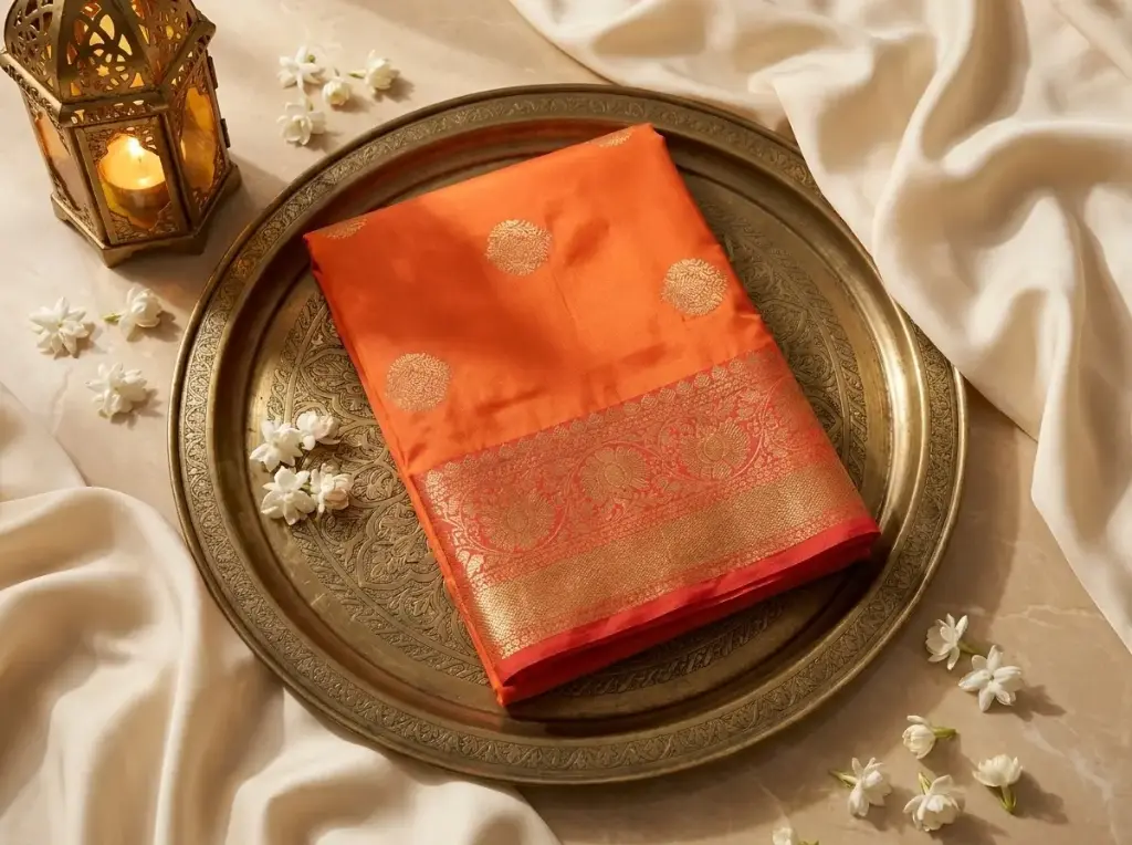 Tangerine Orange Banarasi Silk Saree with Red Zari Border