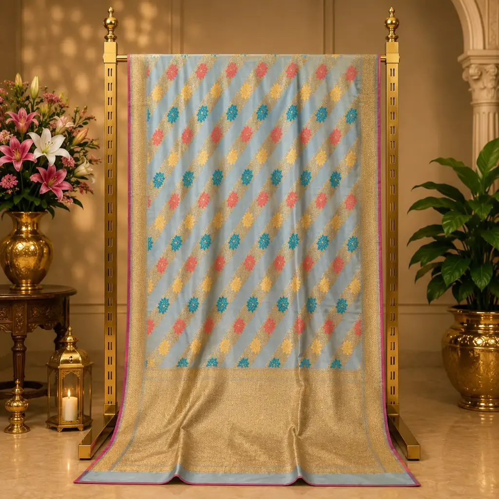 Women's Sky Blue Saree with Multicolor Floral Stripes and Golden Woven Pallu