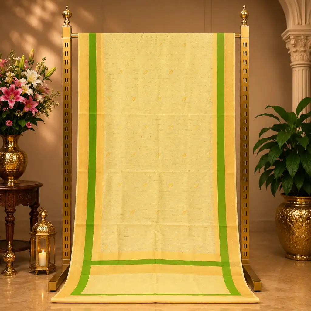 Women's Cream Saree with Golden Border, Green Stripe and Subtle Floral Motifs