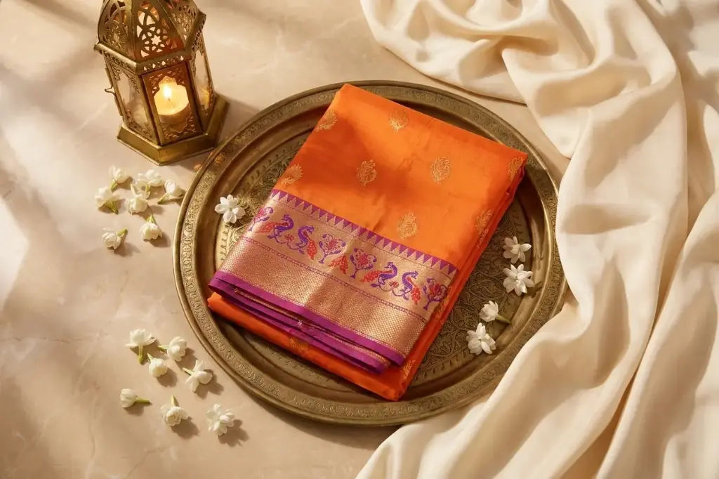Tangerine Orange Pure Silk Saree with Meenakari Pallu