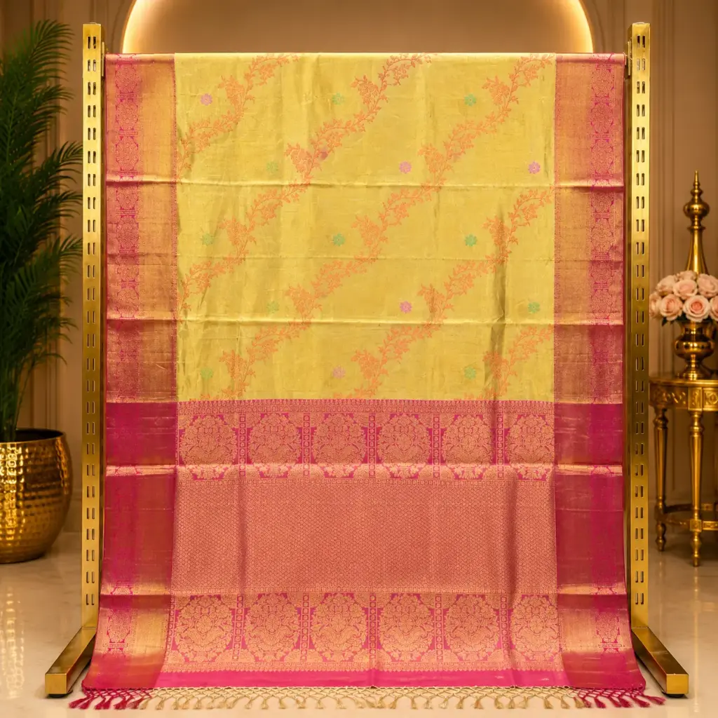 Elegant Lime Yellow Saree with Peach Pink Border and Floral Woven Pallu