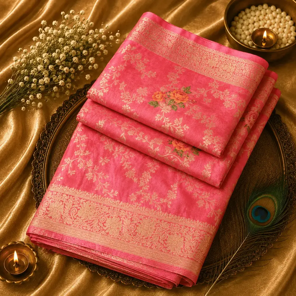 Pink Banarasi Silk Saree with Floral Zari Weaving & Elegant Border