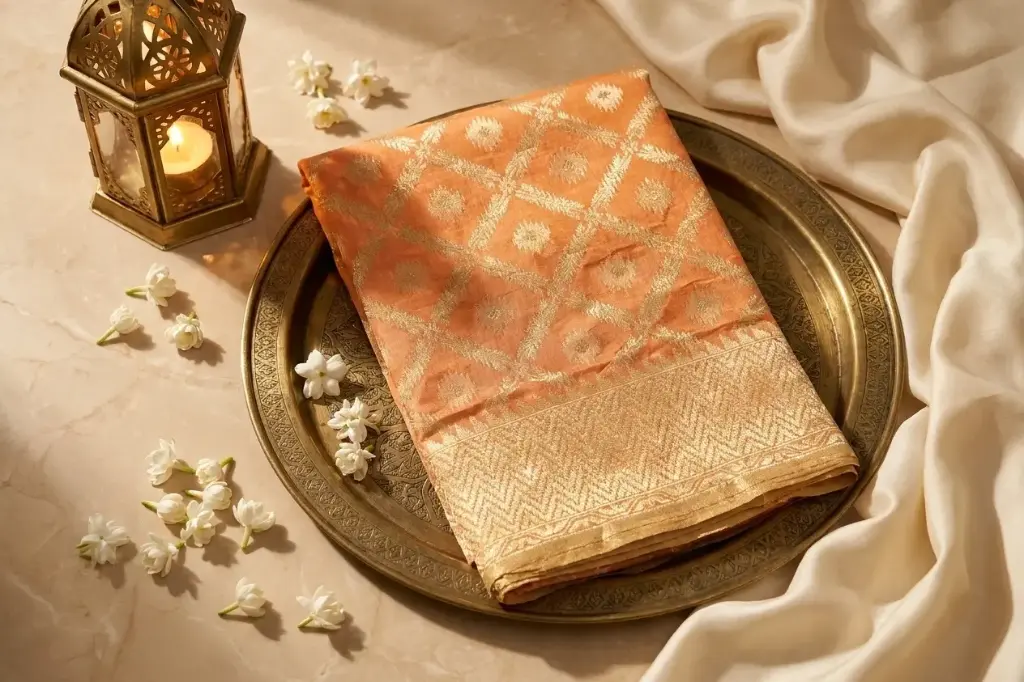 Peach Banarasi Silk Saree with Gold Zari Weave
