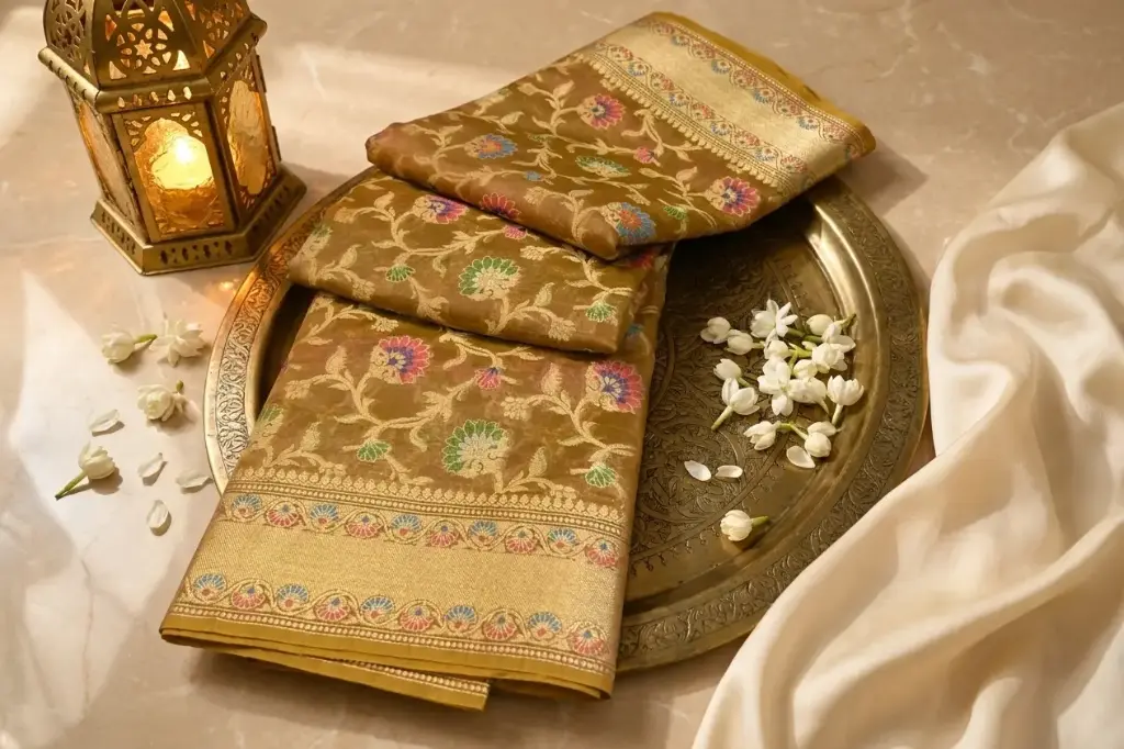 Golden Mustard Banarasi Silk Saree with Floral Meenakari Weave