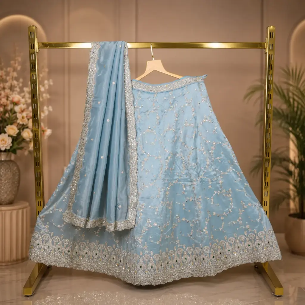 Women's Ice Blue Lehenga Choli with Silver Floral Embroidery & Matching Dupatta for Wedding Wear Set