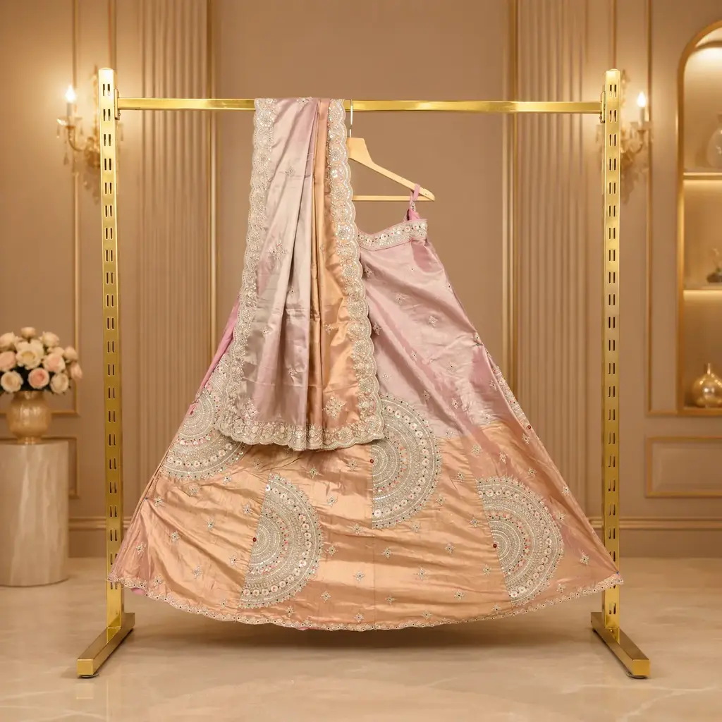 Women's Champagne Pink Lehenga Choli with Circular Embroidery and Matching Dupatta