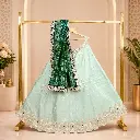 Women's Mint Green Lehenga Choli with Gold Embroidery and Dark Green Dupatta