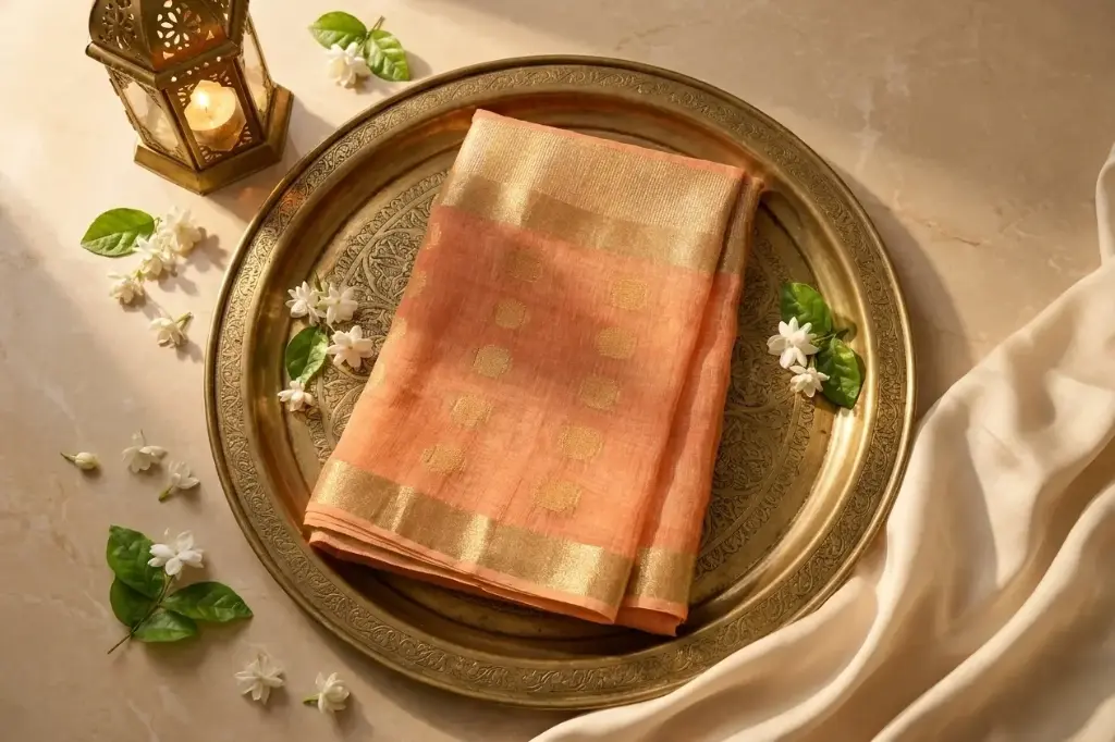 Peach Tissue Silk Saree with Woven Zari Border