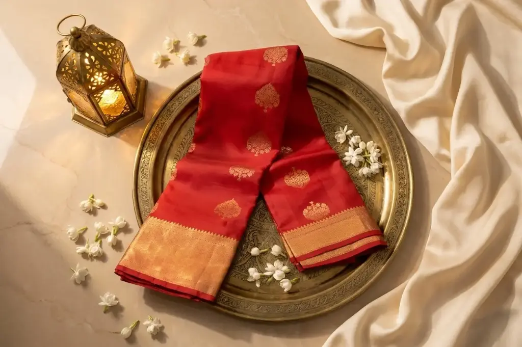 Crimson Red Pure Silk Saree with Golden Zari Motifs