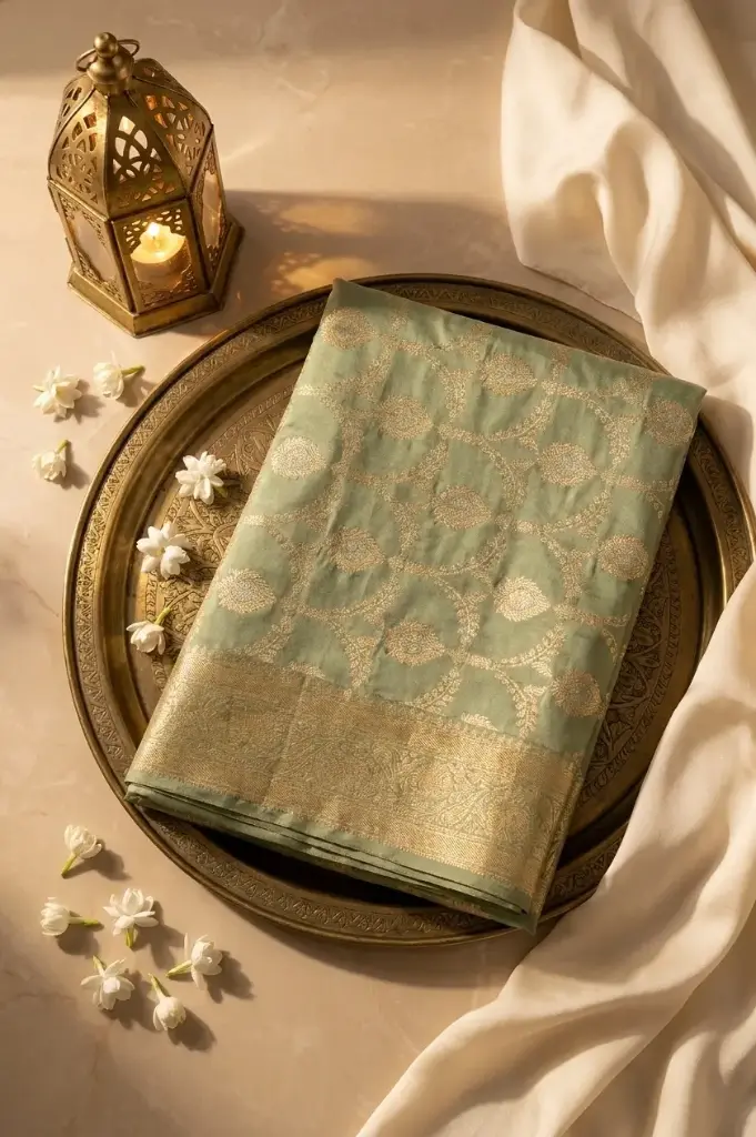 Sage Green Banarasi Silk Saree with Antique Gold Zari