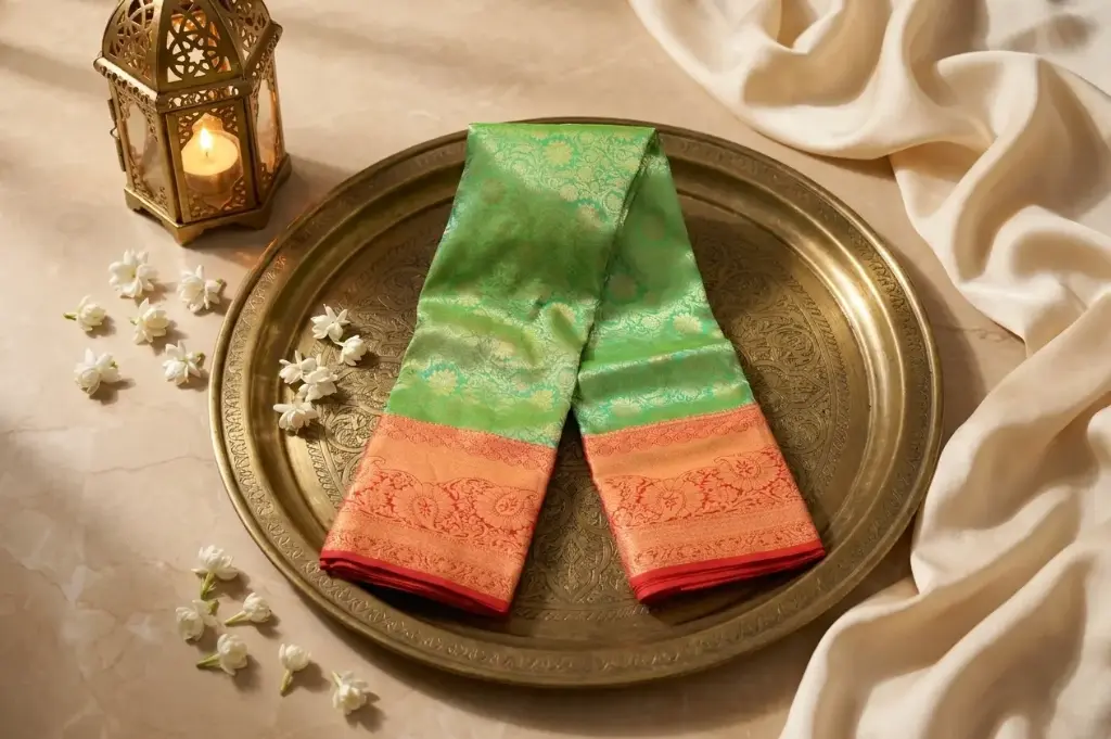 Green Kanchipuram Silk Saree with Contrast Red Zari Border
