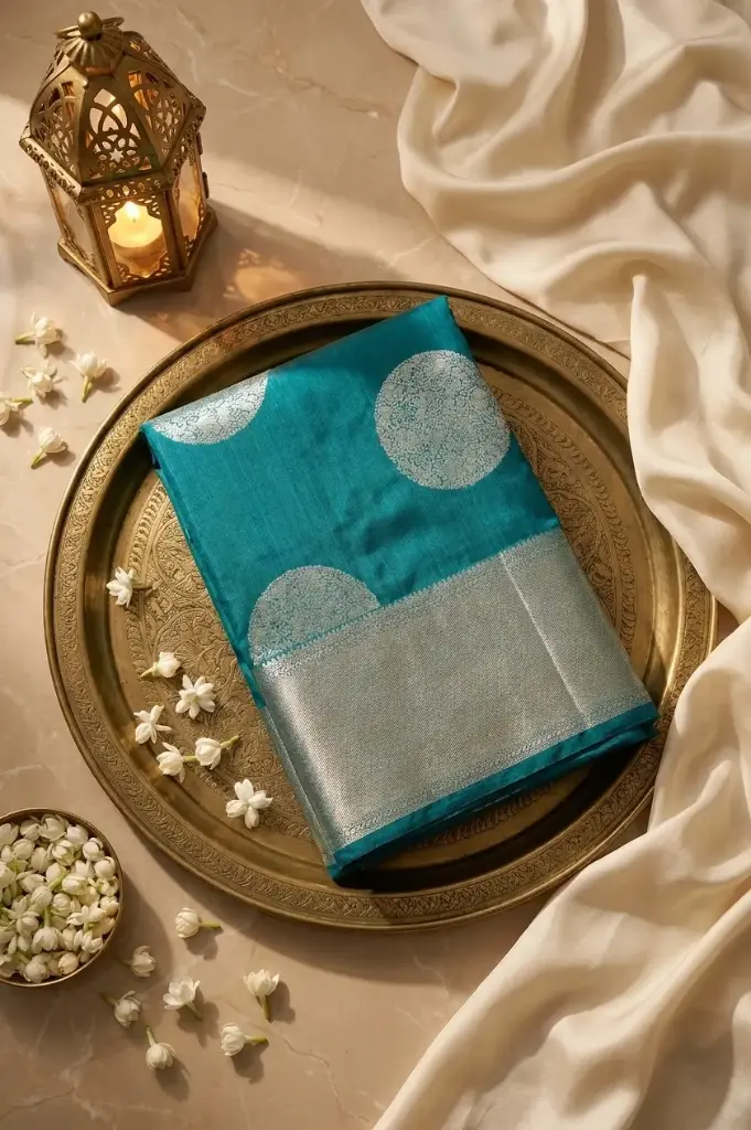 Peacock Blue Handloom Silk Saree with Sona Rupa Medallions