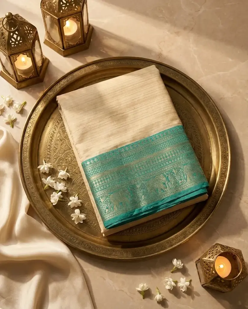 Cream and Sea Green Handloom Silk Saree with Zari Elephant Border