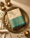 Cream and Sea Green Handloom Silk Saree with Zari Elephant Border