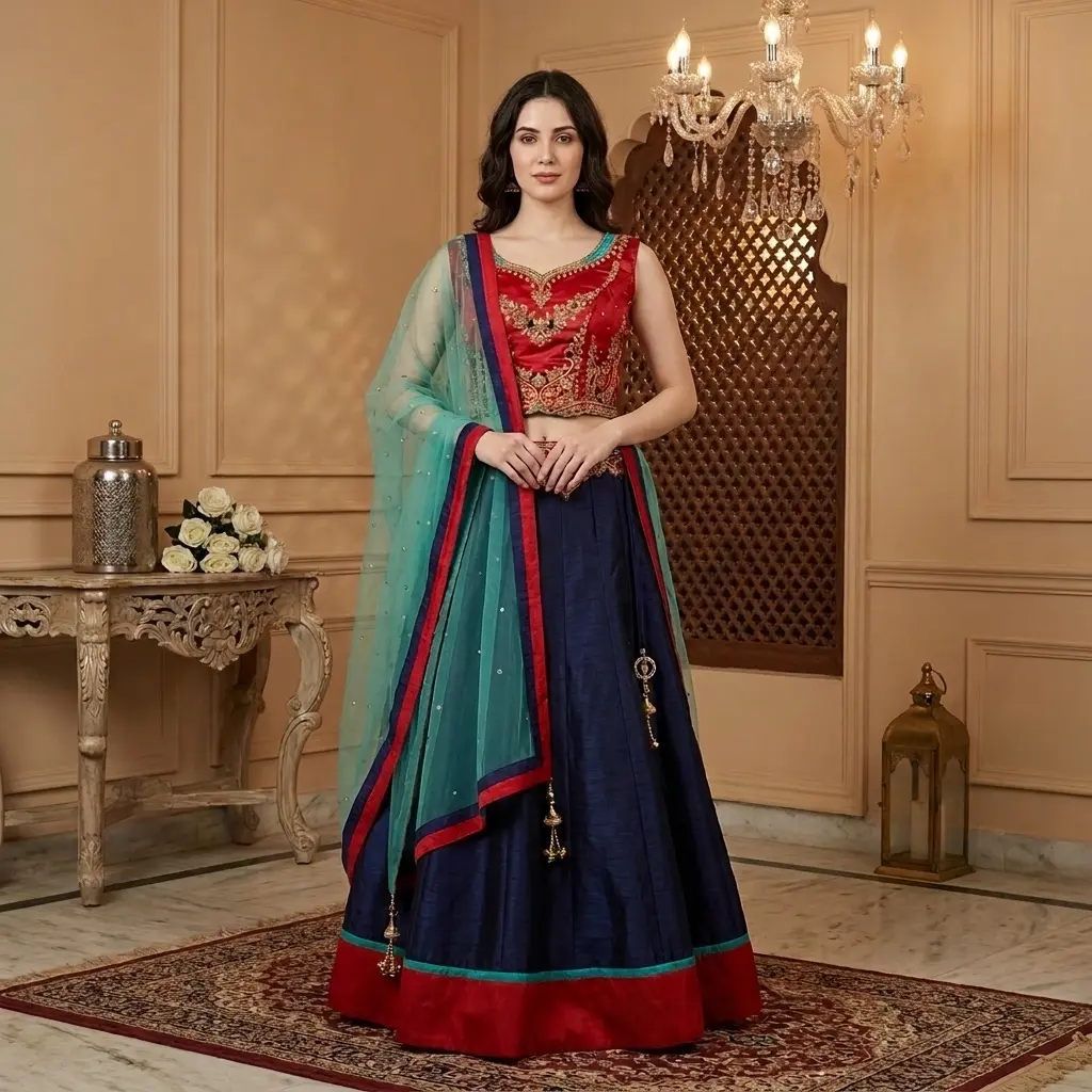 Red and Navy Blue Silk Embroidered Bridal Lehenga Choli Set