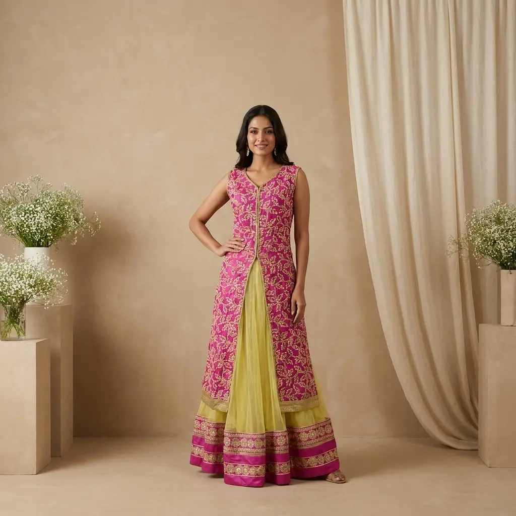 Magenta Embroidered Long Jacket with Yellow Flared Net Skirt