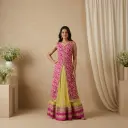 Magenta Embroidered Long Jacket with Yellow Flared Net Skirt