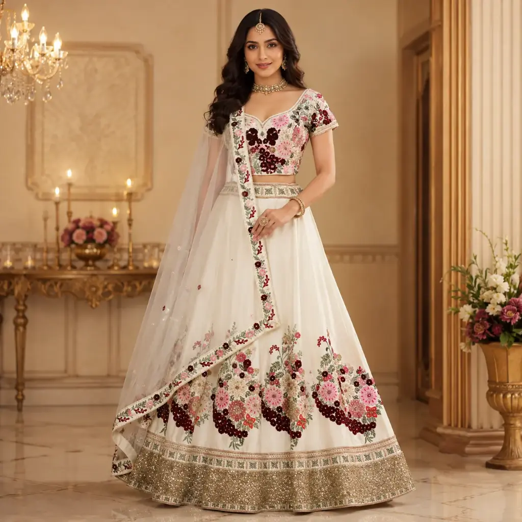 Women's Ivory Floral Lehenga Choli with Net Dupatta for Wedding Reception and Festive Party Wear Set