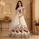 Women's Ivory Floral Lehenga Choli with Net Dupatta for Wedding Reception and Festive Party Wear Set