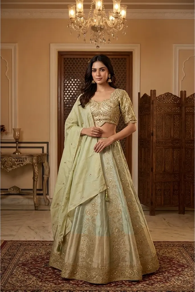 Pista Green Embroidered Silk Lehenga Choli Set