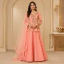 Women's Peach Embroidered Jacket Lehenga Choli with Net Dupatta for Wedding & Festive Party Wear Set