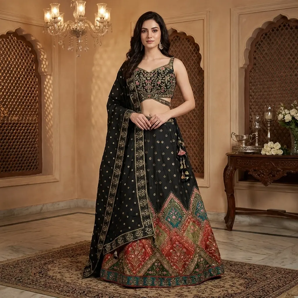 Black Handcrafted Silk Lehenga Choli with Multi-Hue Floral Daman